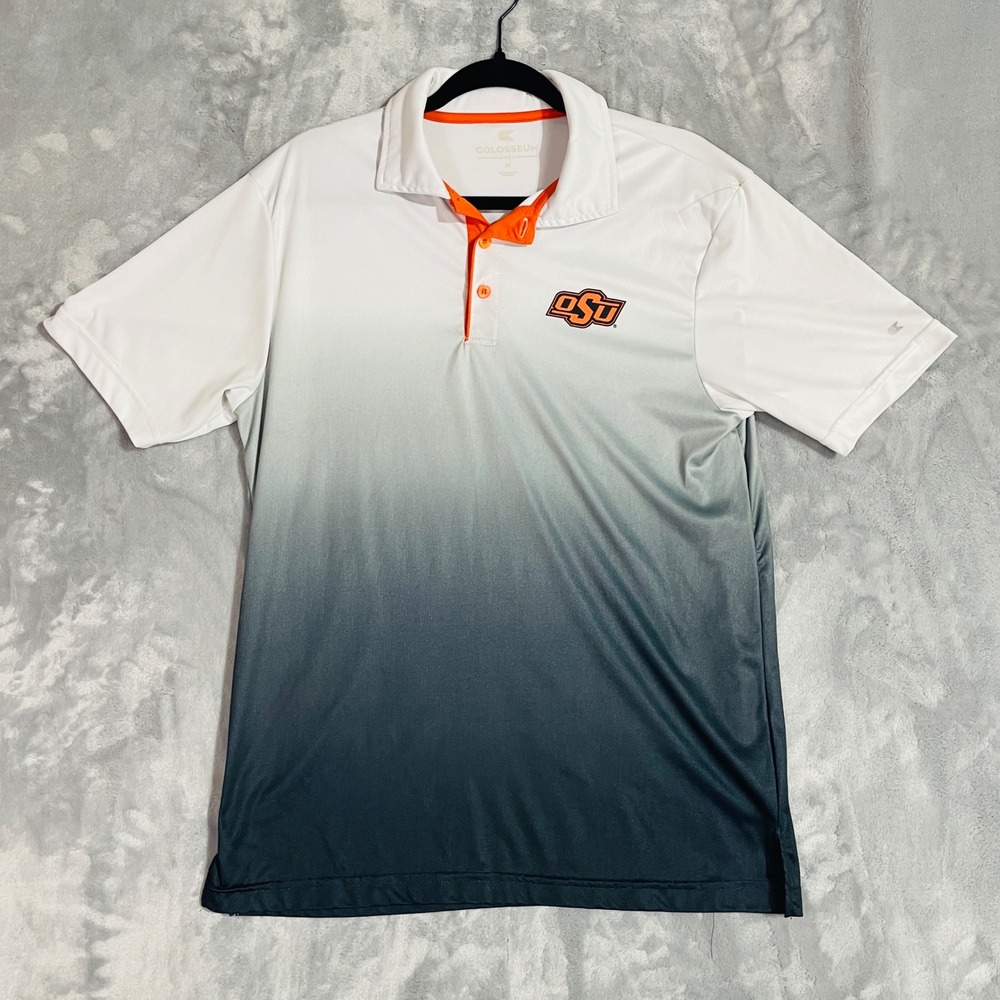 Colosseum Polo Shirt Mens Medium White Grey Excellent Oklahoma State OSU Ombre